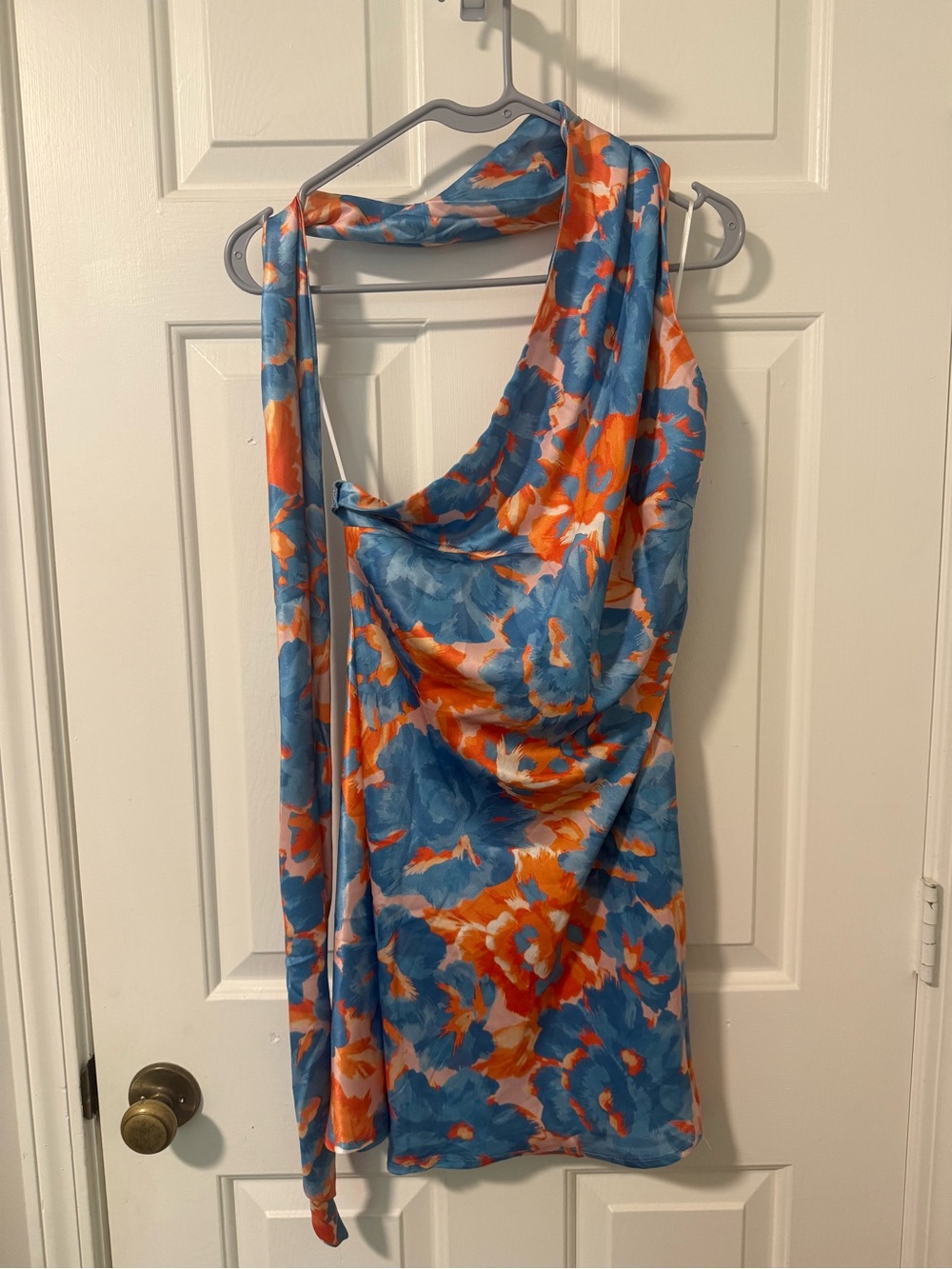 Hello Molly One-Shoulder Dress in Blue and Orange Floral